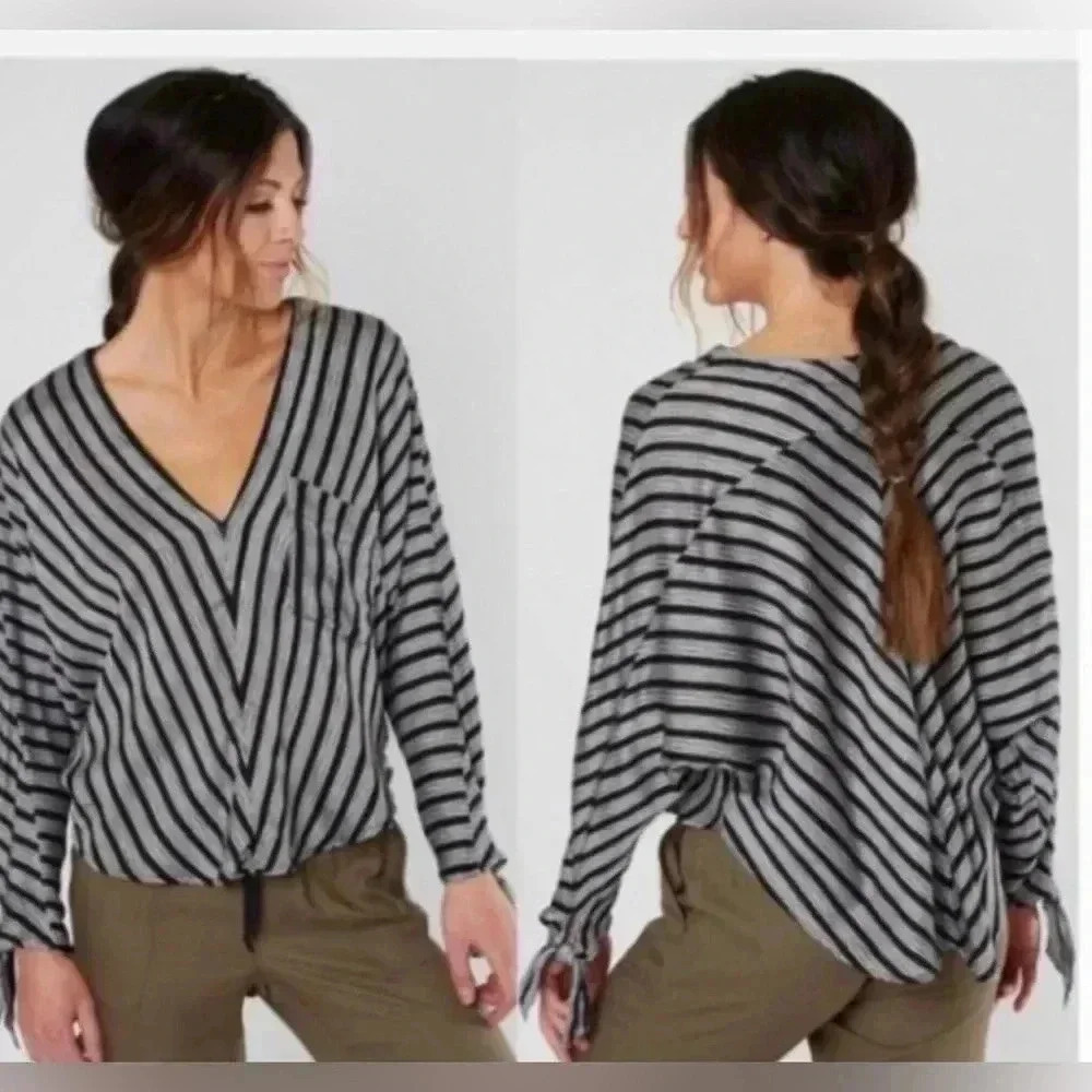 Free People Morning Stripe Dolman Tie Sleeve Top Black White M Boho Pocket V